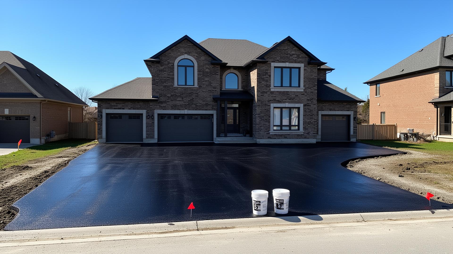 Freshly sealed jet-black driveway in front of a brick home in York Region, Ontario
